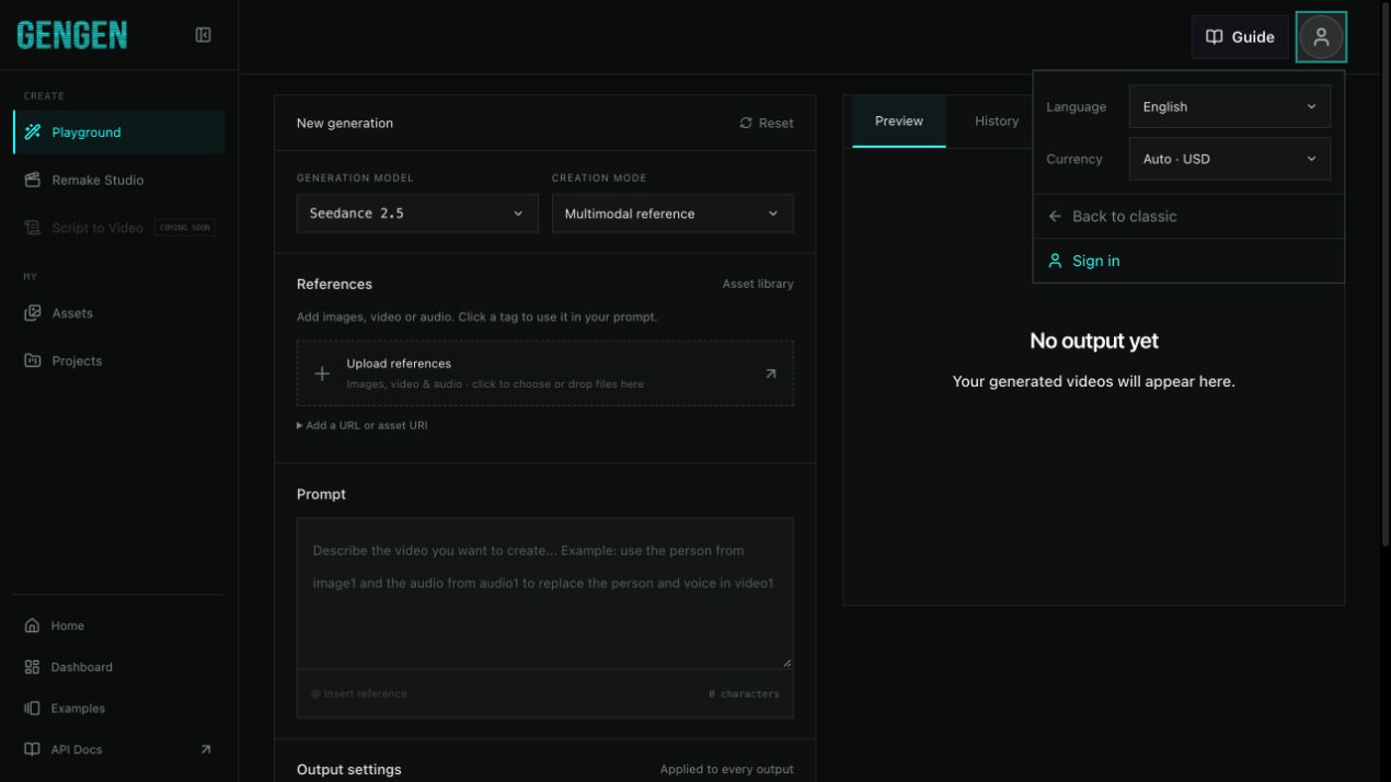 Account menu with language, currency, sign-in and classic view controls