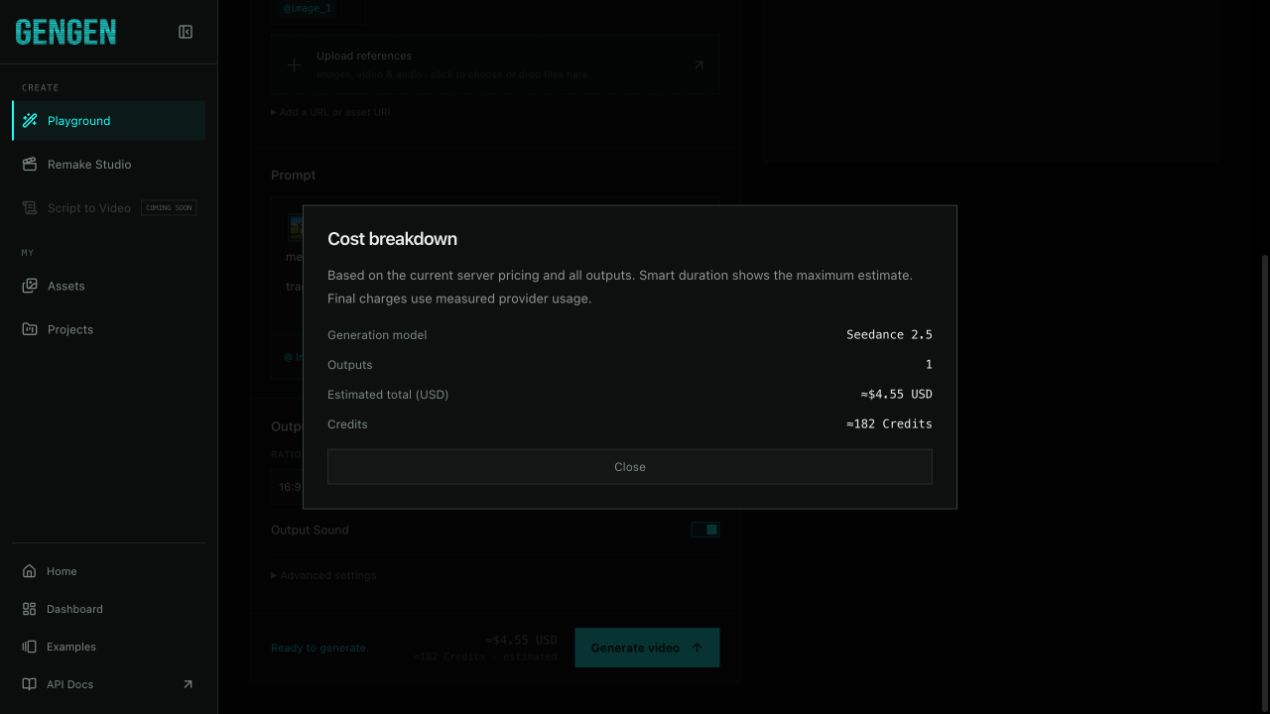 Cost breakdown with the generation model, estimated total and credits