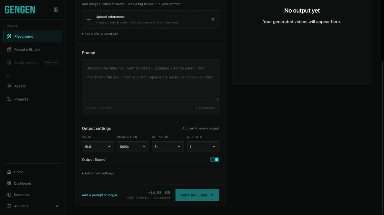 Output ratio, resolution, duration, output count and sound controls